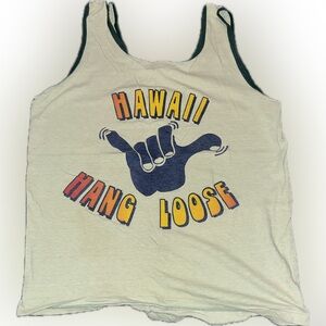 Vintage 1970s Hawaii Hang Loose Shaka Tank Top Light Sage Green Trim